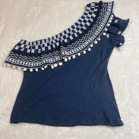 By Anthropologie Pom-Tassel One-Shoulder Top Women's Size Large Blue Cotton NEW - Picture 6 of 12